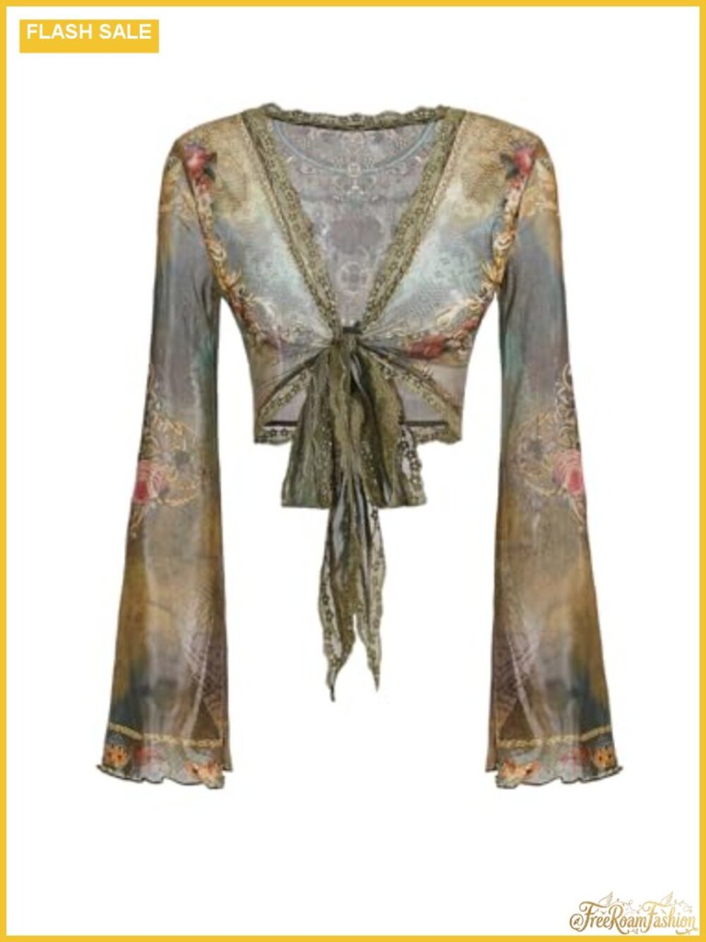 Sheer Mesh Wrap Crop Top Floral Lace Trim Long Bell Sleeve Blouse